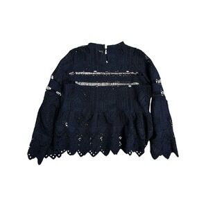 Boohoo Lace Blouse Bell Sleeve Crochet Top Semi Sheer‎ Black US 12